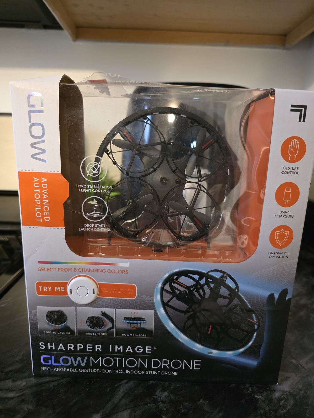 Sharper Image Glow Motion Drone - Black with Red Accents. New DAMAGE BOX.